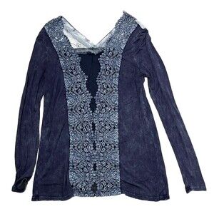 BKE Gimmicks Top XS Long Sleeve Lace‎ Crochet Purple Gray Boho Hippie Tee Shirt